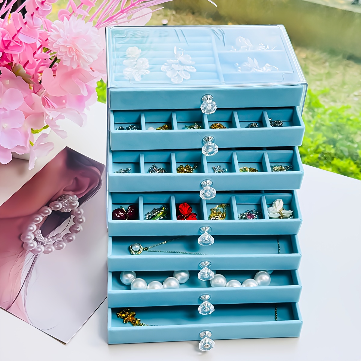 Blue Acrylic Jewelry Storage Box, Multi-Layer Organizer